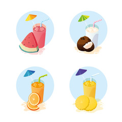 Juices with fruits icon set design