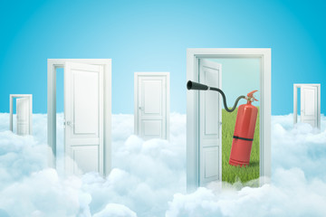 3d rendering of set of doorways standing on white fluffy clouds, one door leading to green field with red fire-extinguisher on it.