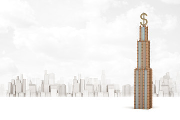 3d rendering of golden business skyscraper with dollar sign on white background