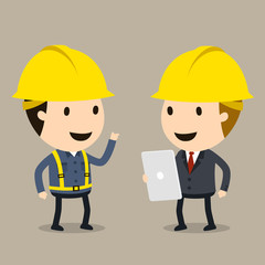 Construction Engineering Workers and Project Manager, Safety and accident, Industrial safety cartoon, Vector illustration