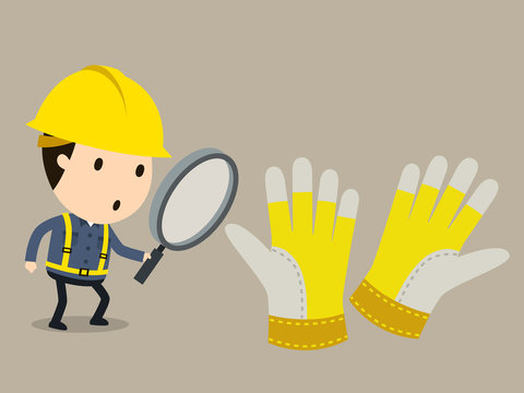 Glove defect inspection, Safety and accident, Industrial safety cartoon, Vector illustration