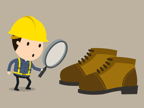 Shoes defect inspection, Safety and accident, Industrial safety cartoon, Vector illustration