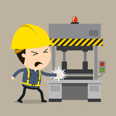 Accident during press operation, Vector illustration, Safety and accident, Industrial safety cartoon © anypix