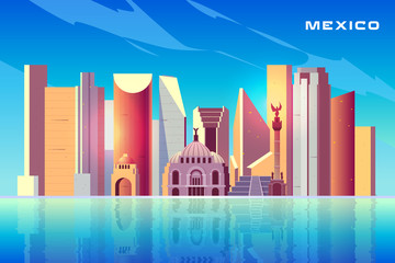 Mexico city skyline cartoon vector background with modern skyscrapers, historical buildings, architecture touristic attractions, important cultural landmarks reflecting in water surface illustration