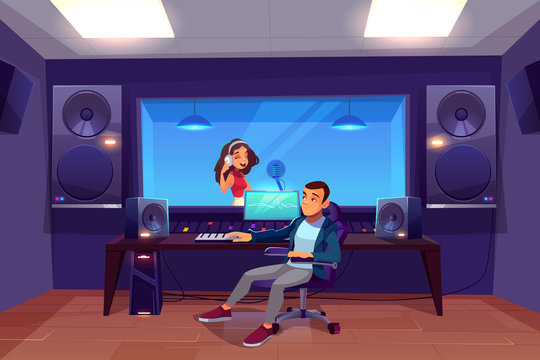 Singer In Recording Studio. Singing Woman In Artist Booth With Equipment And Window, Sound Engineer In Control Room With Tools For Capturing, Mixing And Mastering Music. Cartoon Vector Illustration