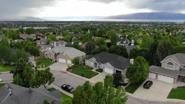 Lovely neighborhood community in Orem Provo Pleasant Grove Spanish Fork Utah. Summer houses and church over looking the Beautiful Utah Lake.