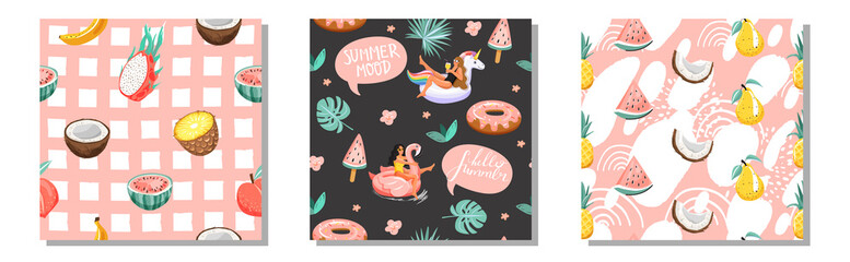 Set of summer seamless pattern. Women floating on swim ring with fruits and abstarct elements. Texture for textile, wrapping paper, packaging etc. Vector.