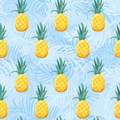 Modern seamless pattern with pineapple and palm leaves. Summer vibes. Vector texture for textile, postcard, wrapping paper, packaging etc. Vector illustration.