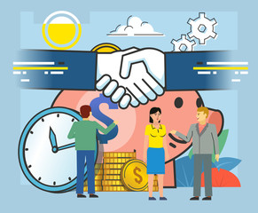 Successful, profitable deal, agreement. Hands handshake, money, coins on background. Poster for social media, presentation, web page, banner. Flat design vector illustration