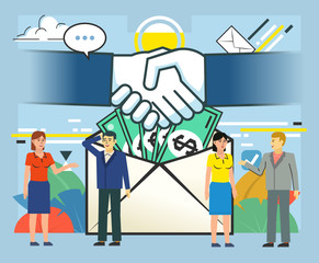 Salary, bribe, money in envelope. Successful business deal, agreement, handshake. Poster for social media, web page, banner, presentation. Flat design vector illustration