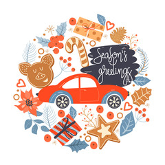Fototapeta premium Christmas and Happy New Year greeting card with retro car, Christmas gift, cookies; holly leaves and lettering. Vector design template.