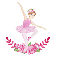 Cute watercolor ballerina with flowers and leaves, hand draw illustration isolated on white background