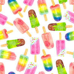 Seamless pattern with watercolor colorful ice cream on white background