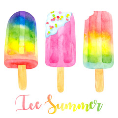 Watercolor hand draw illustration with colorful ice cream, hand draw element isolated on white background