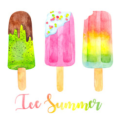 Watercolor hand draw illustration with colorful ice cream, hand draw element isolated on white background