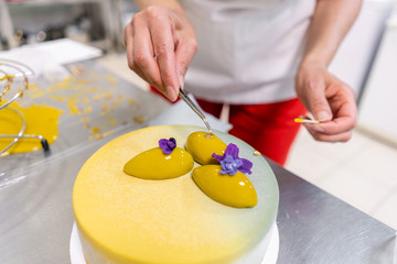 Pastry chef decorates Modern european cake. Mousse dessert covered with yellow velour. Sweet dessert and tea party. French cuisine. Flowers theme. Copy space