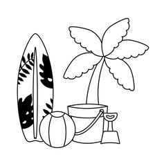 surfboard with tropical palm and icons vacation