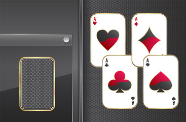 Playing cards on metallic background.Glass on a dark background.All aces playing cards