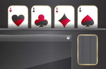 Playing cards on metallic background.Glass on a dark background.All aces playing cards