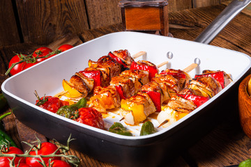 marinated kebab skewers with meat and vegetables