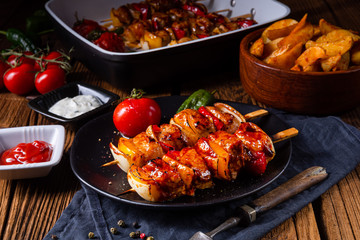 marinated kebab skewers with meat and vegetables