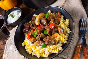 Fussili noodle with klaschise spicy goulash and paprika