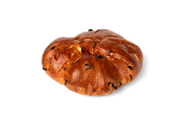 Bun with raisins isolated on white background.
