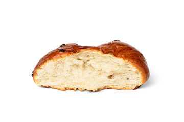 Bun with raisins isolated on white background.