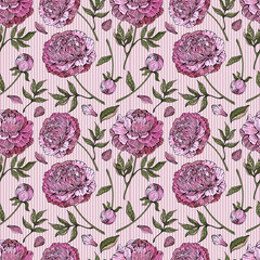 Seamless pattern. Delicate pink peonies on a beautiful background. Retro-style. Good design for your print, postcard, Wallpaper, packaging.