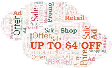 Fototapeta premium Up To $4 Off word cloud. Wordcloud made with text only.
