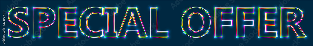 Poster special offer - colorful multi-layered outline text with glowing light effect on blue background.