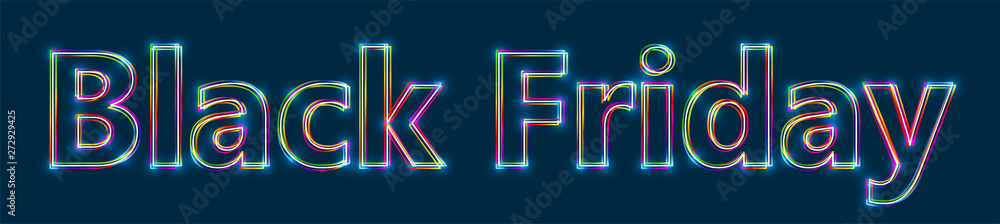 Poster black friday - colorful multi-layered outline text with glowing light effect on blue background.