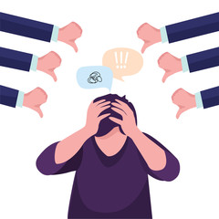 Fototapeta na wymiar Vector illustration business concept designed as a man kneeling and others pointing at him. Criticized, blamed. Flat vector concept illustration.