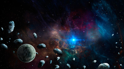Obraz na płótnie Canvas Space scene. Planet with asteroid and colorful fractal nebula. Elements furnished by NASA. 3D rendering