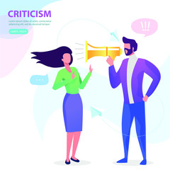 The man yelling at a woman in the mouthpiece. Criticism. Flat vector concept illustration.