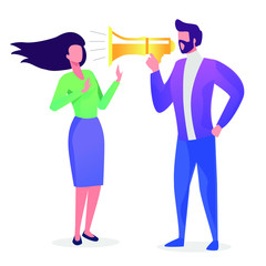 The man yelling at a woman in the mouthpiece. Criticism. Flat vector concept illustration.