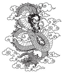 Tattoo art dragon hand drawing and sketch with line art illustration isolated on white background.