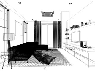 sketch design of living ,3d rendering