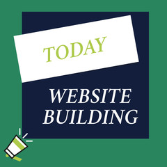 Writing note showing Website Building. Business photo showcasing tools that typically allow the construction of pages Speaking trumpet on left bottom and paper to rectangle background.