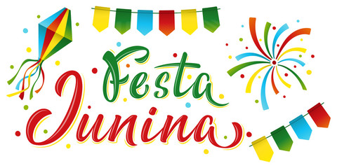 Festa Junina lettering text June party in Brazilian. Brazil tradition harvest festival. Village carnival. Festival fire, paper lantern and garland. Vector illustration for poster, banner, flyer