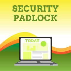 Text sign showing Security Padlock. Conceptual photo hardened steel body and double locking shackle of extra one Open Modern Laptop Switched On with Website Homepage on Screen Web Search.