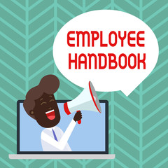 Writing note showing Employee Handbook. Business photo showcasing Document that contains an operating procedures of company Man Speaking Through Laptop into Loudhailer Bubble Announce.