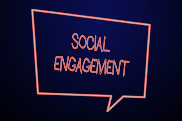 Word writing text Social Engagement. Business concept for Degree of engagement in an online community or society Empty Quadrangular Neon Copy Space Speech Bubble with Tail Pointing Down.