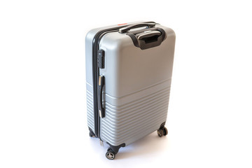One suitcase isolated on white background. Polycarbonate suitcase isolated on white. Grey suitcase