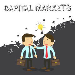 Word writing text Capital Markets. Business concept for Allow businesses to raise funds by providing market security Two White Businessmen Colleagues with Brief Cases Sharing Idea Solution.