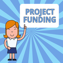 Writing note showing Project Funding. Business photo showcasing paying for start up in order make it bigger and successful Woman Standing with Raised Left Index Finger Pointing at Blank Text Box.