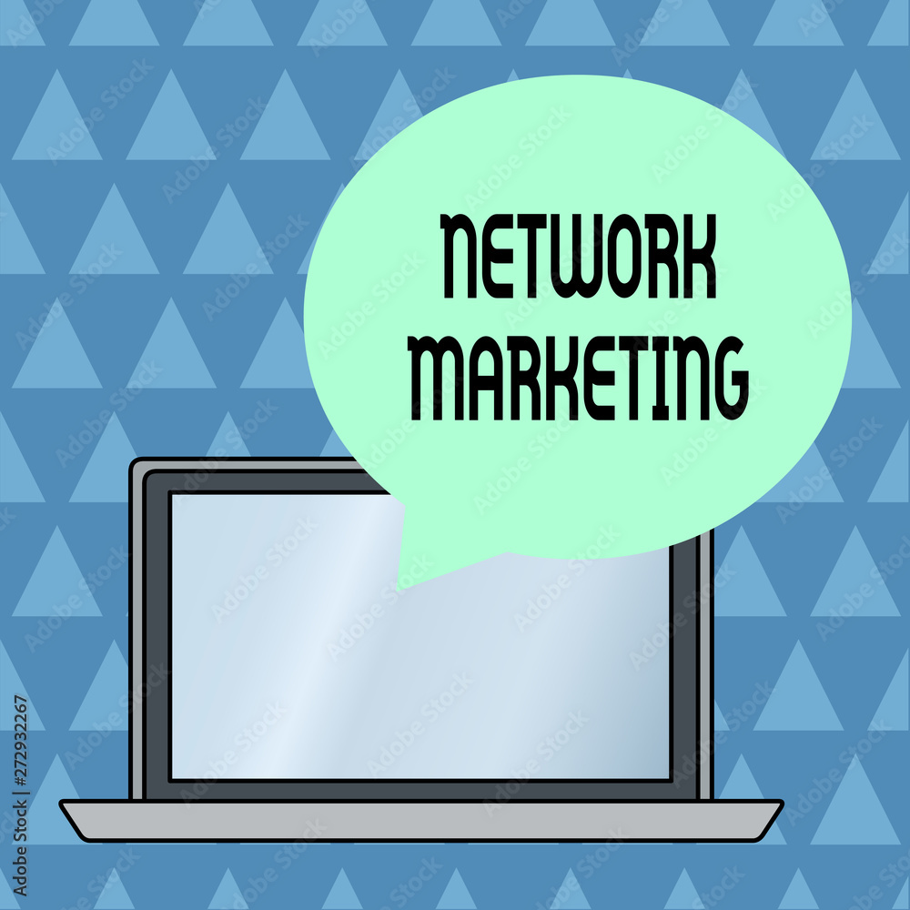 Poster Text sign showing Network Marketing. Conceptual photo Pyramid Selling Multi level of trading goods and services Round Shape Empty Speech Bubble Floating Over Open Laptop Colored Backdrop.