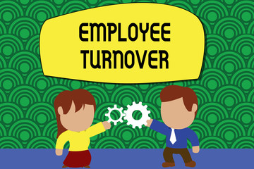 Word writing text Employee Turnover. Business concept for Number or percentage of workers who leave an organization Standing young couple sharing gear. Man tie woman skirt commerce relation.