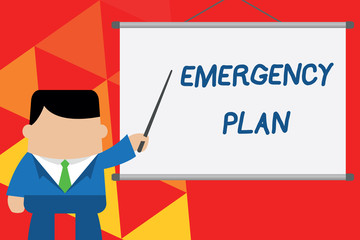 Conceptual hand writing showing Emergency Plan. Business photo text Procedures for response to major emergencies Be prepared Businessman standing in front projector pointing project idea.