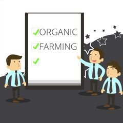 Handwriting text writing Organic Farming. Concept meaning an integrated farming system that strives for sustainability Business People Colleagues Discuss Missions Presentation Whiteboard Ticks.